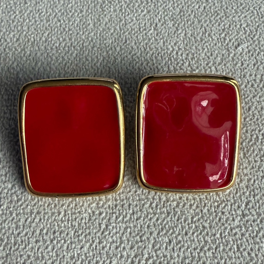 Vintage 80’s MONET Red Clip-On Earrings | Gold Tone Square Statement